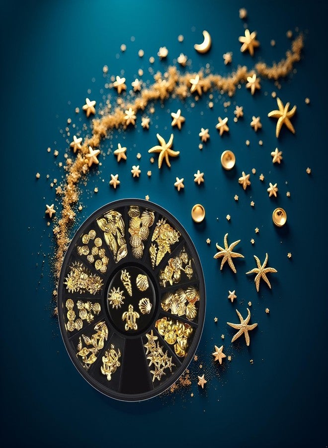 Tnyvm 1 Box 12 Styles Golds Nail Art Metal Studs Golds Metallic 3D Pieces Rivet Palm Tree Turtles Marine Life Charms for Summer Beach Ocean Manicure DIY Acrylic Nails Design Supply (Gold Ocean Studs) - Image 5
